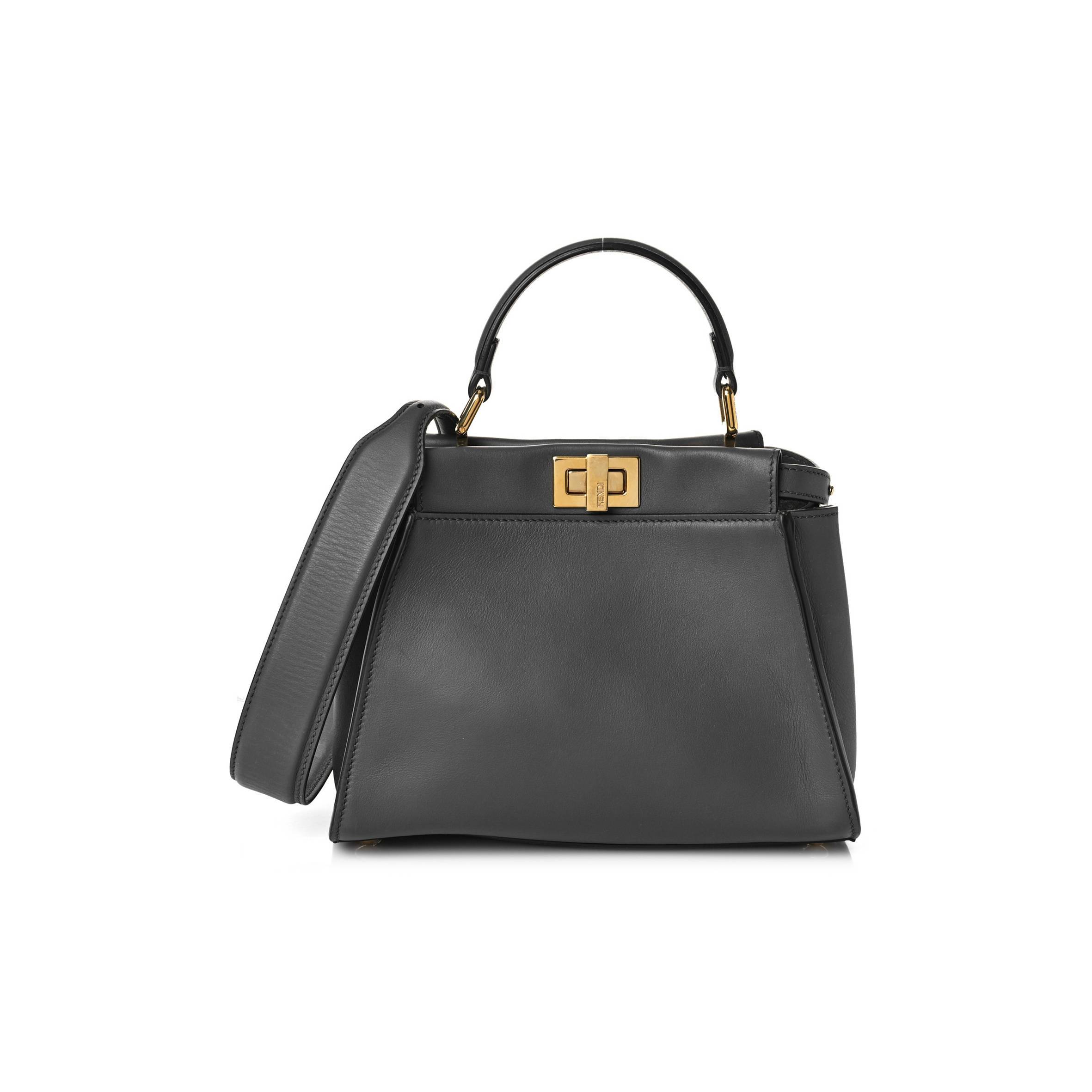 FENDI VITELLO SETA CHENILLE FF MINI PEEKABOO ICONIC SATCHEL ANTHRACITE ASFALTO (23*17*11cm)